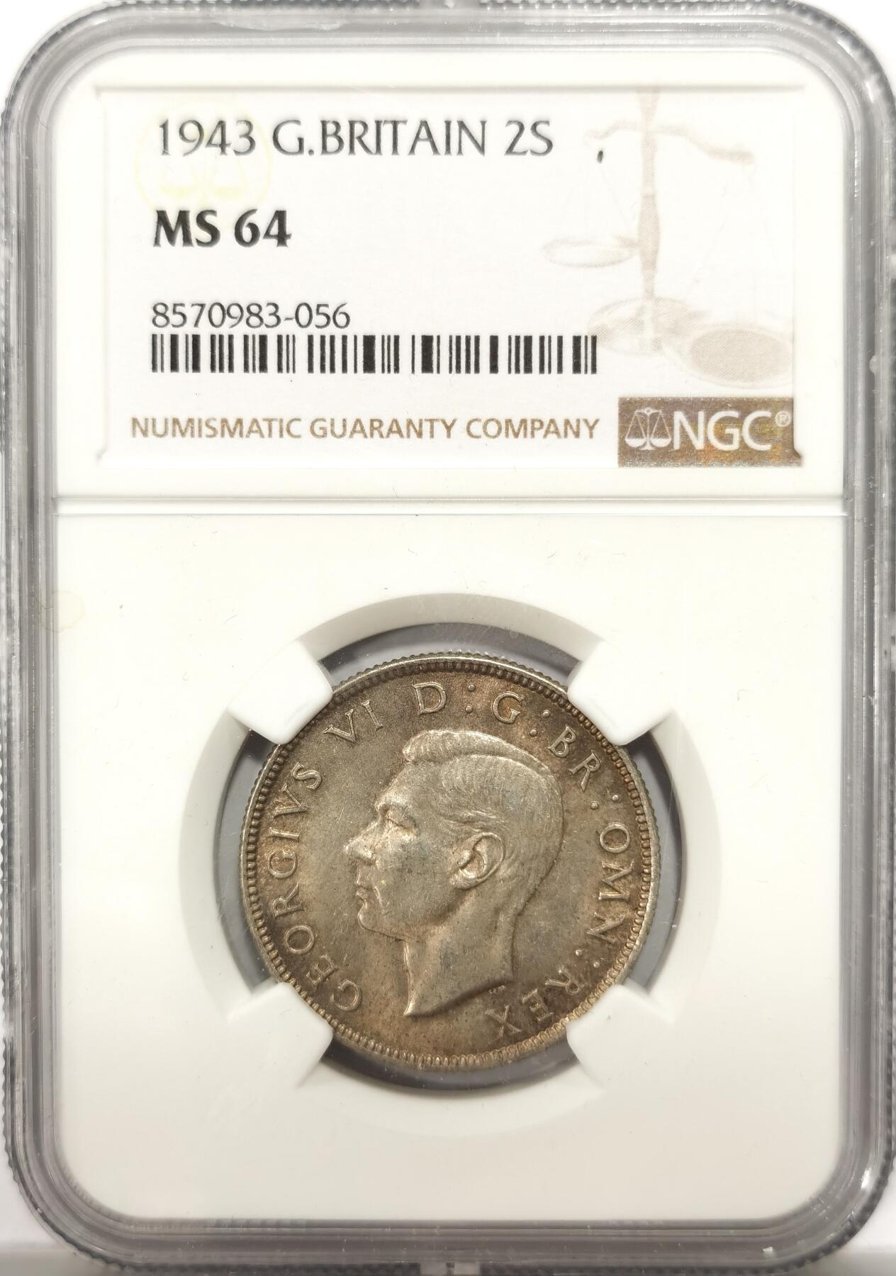 博洋堂世界钱币拍卖第151期（全场包邮） NGC MS64 英国1943年乔治六世2先令银币