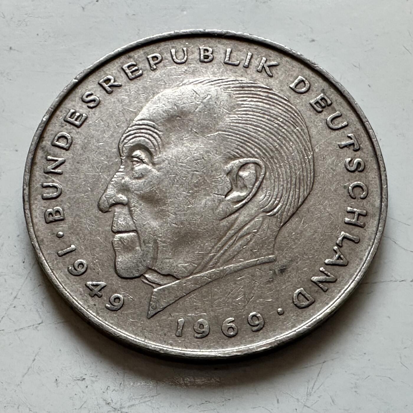 🌹外币初藏🌹🐯2025年第140场  每周二四六晚8️⃣点 接代拍 德国1969年D版 2马克 西德首任总理阿登纳