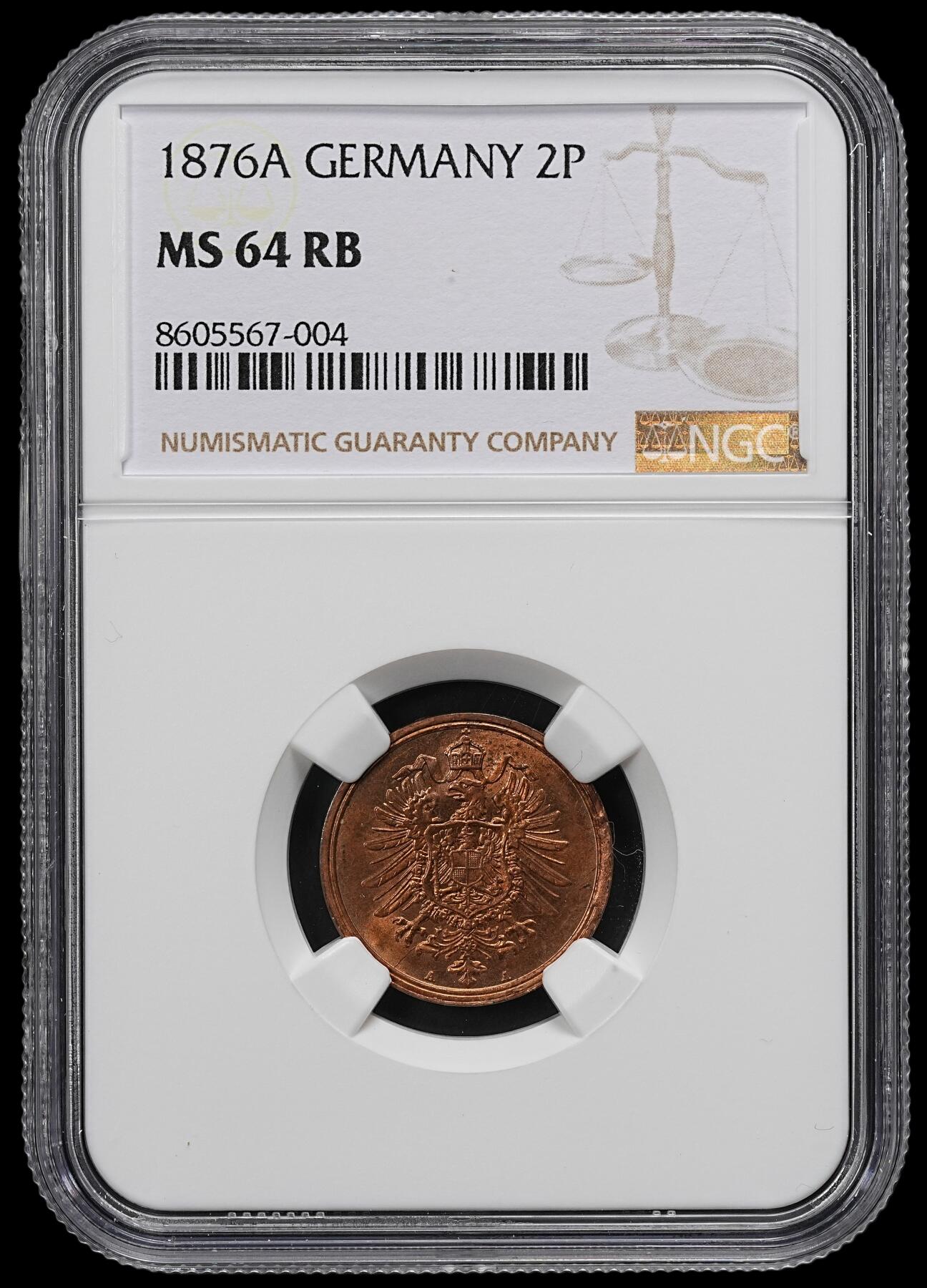 修遠堂世界钱币第九十七期 NGC MS64RB 1876年德国2芬尼铜币 A厂铭