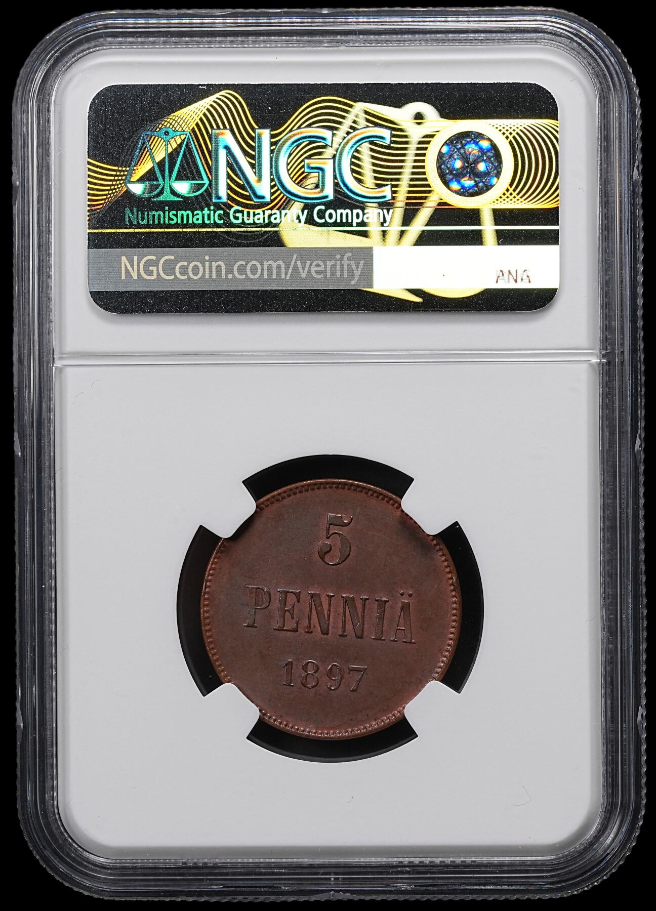 修遠堂世界钱币第九十七期 NGC MS62BN 1897年芬兰5盆尼铜币 较少见年份
