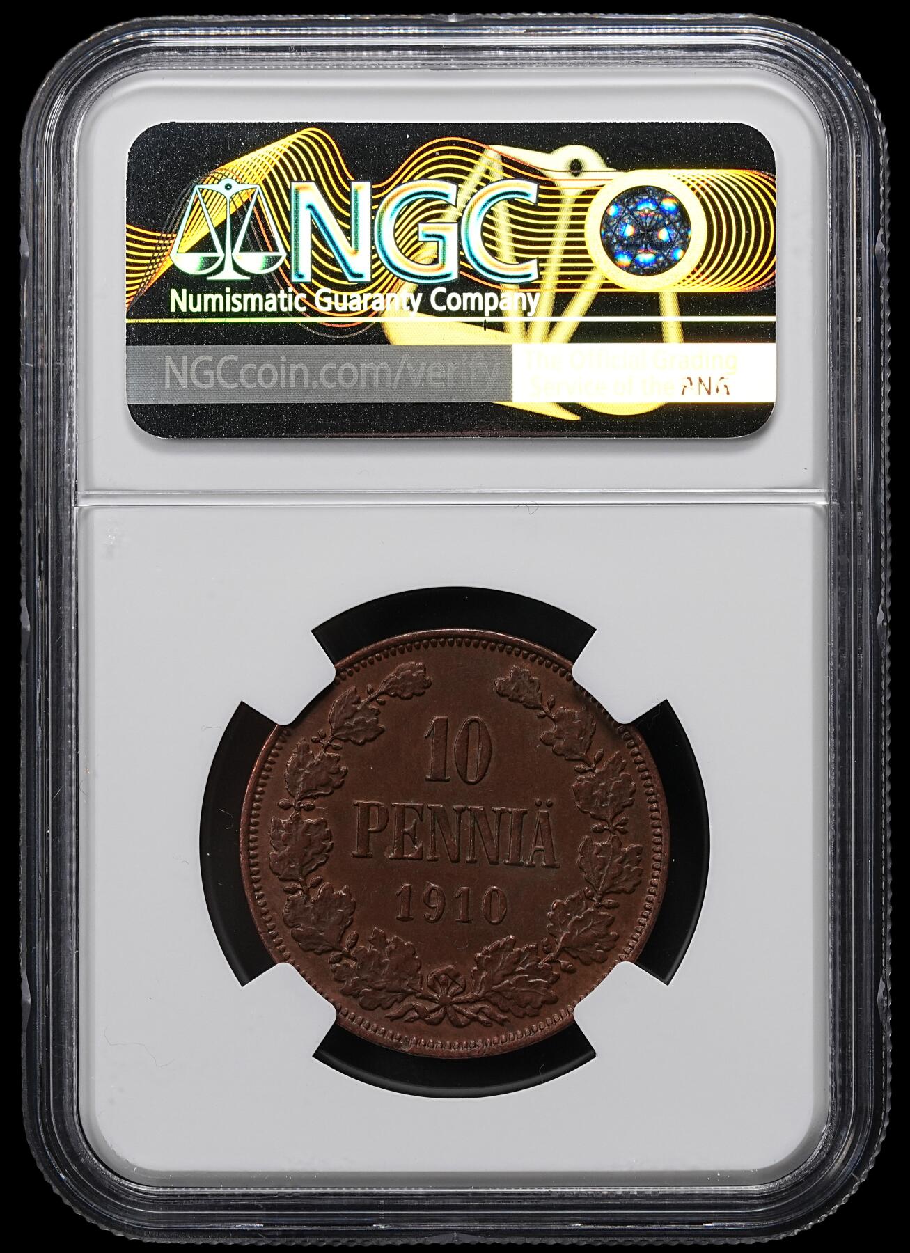 修遠堂世界钱币第九十七期 NGC AU55BN 1910年芬兰10盆尼铜币