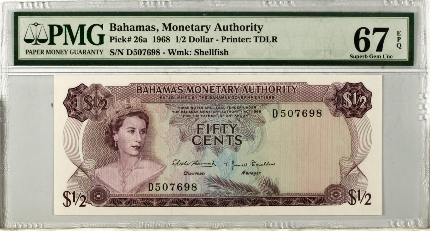 【礼羽收藏】🌏世界钱币拍卖第116期 【乱龙靓号】巴哈马 1968年 1/2元 年轻女王与草编市场 德纳罗彩背 567890靓号 PMG67高分