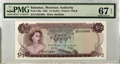 【礼羽收藏】🌏世界钱币拍卖第116期 - 【乱龙靓号】巴哈马 1968年 1/2元 年轻女王与草编市场 德纳罗彩背 567890靓号 PMG67高分