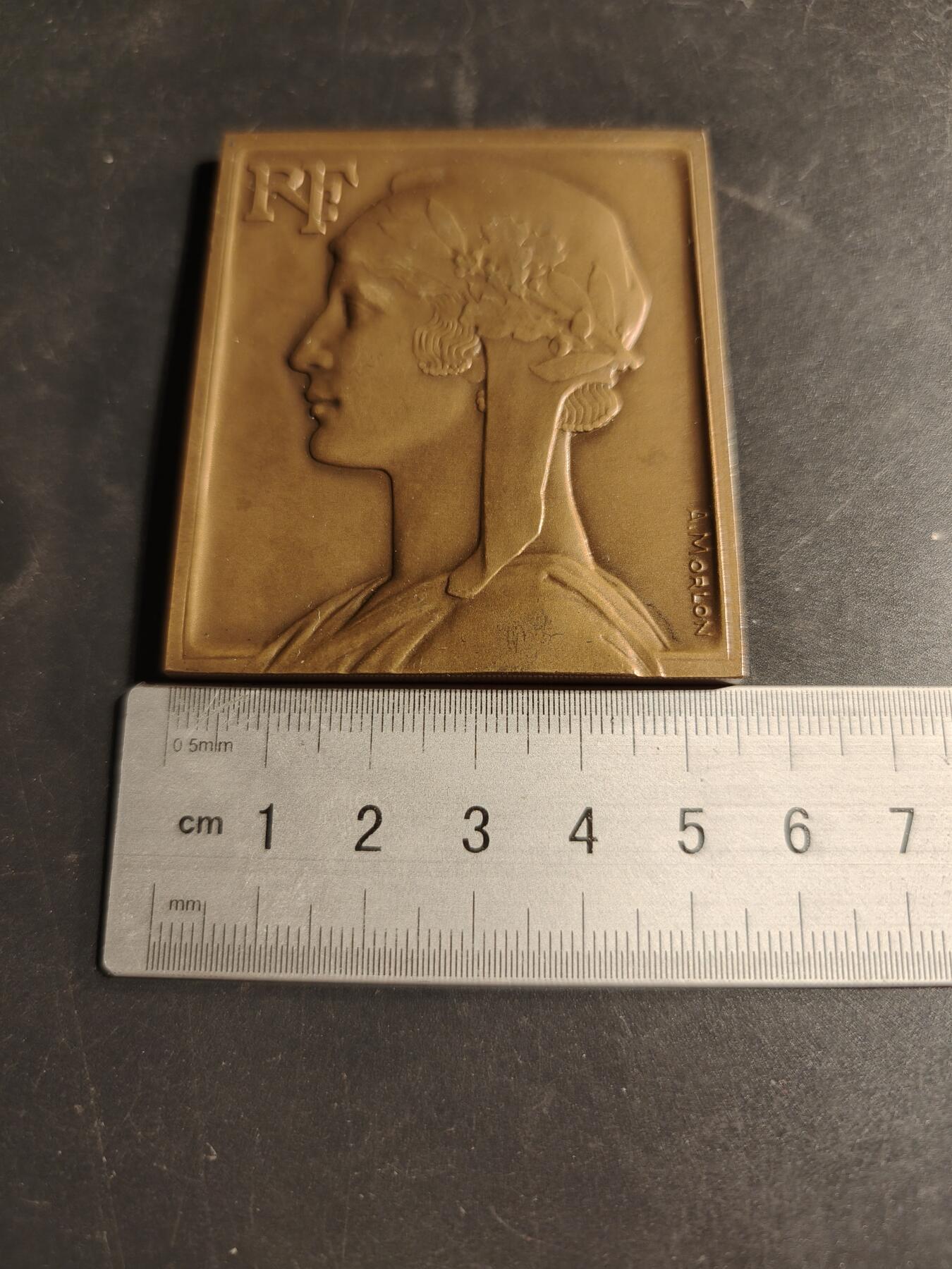 老王徽章第169期 法国玛丽安娜方形大铜章    大师莫隆作品     尺寸54×64mm.    重量130.8g