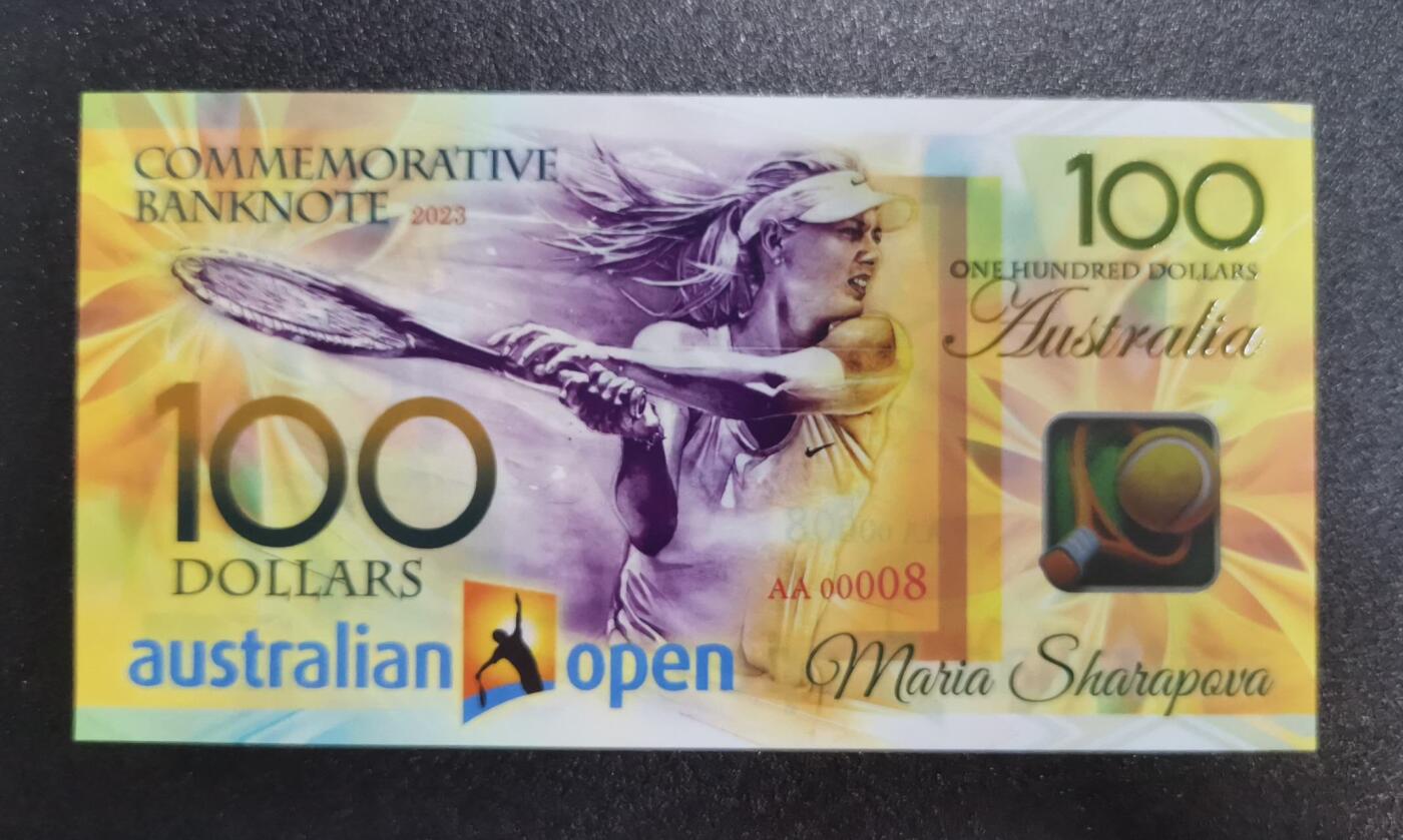 《艾美收藏》第224期-12.14周日外币超白金场 莎拉波娃2023年澳网纪念钞AA冠100元UNC超靓00008号 左下角极轻微压痕