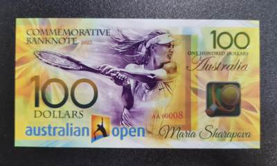 《艾美收藏》第224期-12.14周日外币超白金场 - 莎拉波娃2023年澳网纪念钞AA冠100元UNC超靓00008号 左下角极轻微压痕