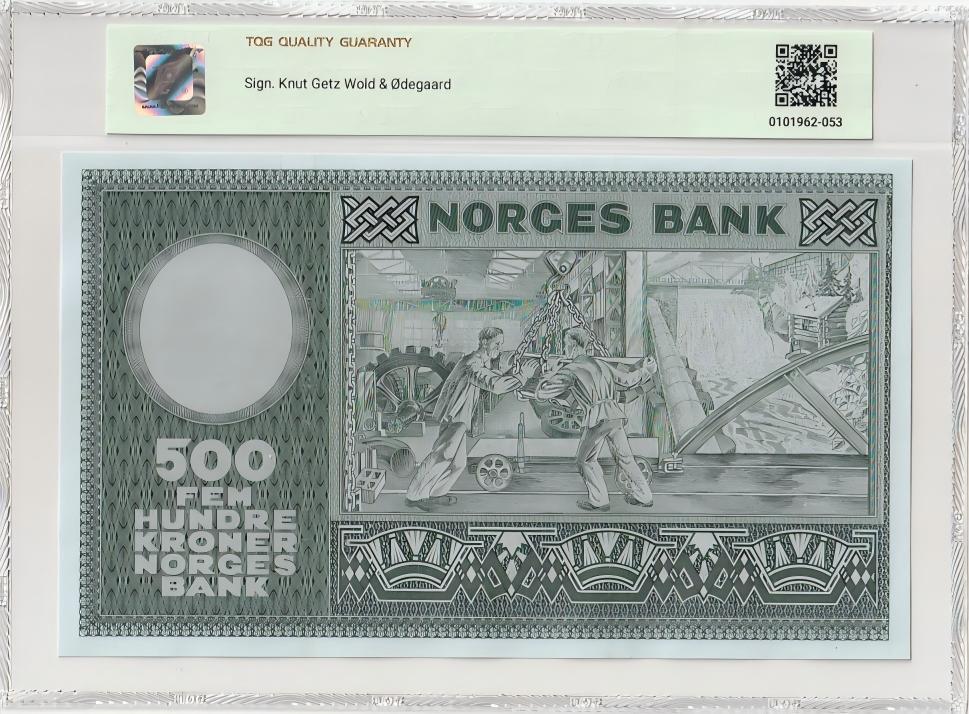 2025十二月第三期，总208期 挪威1976年500克朗TQG50分首冠A冠无47，超级大票幅，椭圆函数奠基人之一的数学家阿贝尔和河边工厂里二人进行机械制造的图景，挪威钞票历史上经典的品种之一