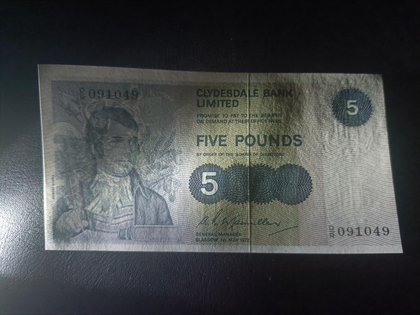 2025十二月第三期，总208期 苏格兰克莱斯戴勒银行1972年5镑AUNC，诗人伯恩斯和他诗中意象的田鼠，早期年份