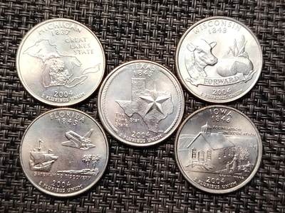 布加迪🐬～世界钱币(上海)🌾第 264 期 /  各国套币和散币 - 美国🇺🇸洲币 2004年 25分 5枚 原卷拆出未流通品相