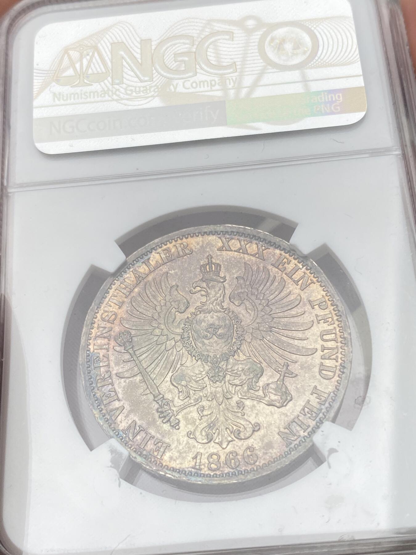 万国钱币拍卖第057期（万国冬季大拍） NGC MS63 1866年德国普鲁士普奥战争胜利泰勒 双面醇厚深五彩 原味入藏品质