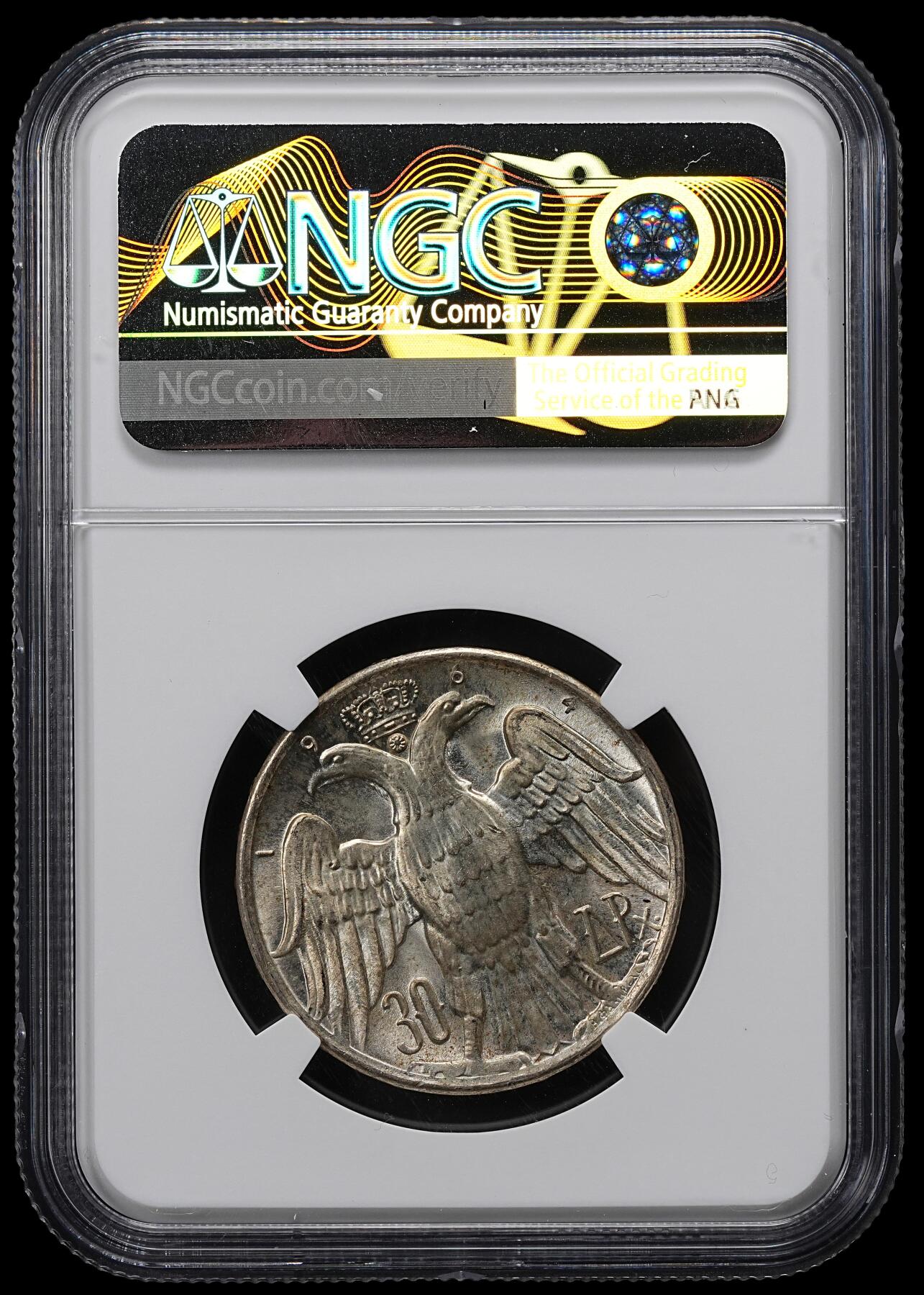修遠堂世界钱币第九十七期 NGC MS66 1964年希腊国王大婚纪念30德拉克马银币 背微逆
