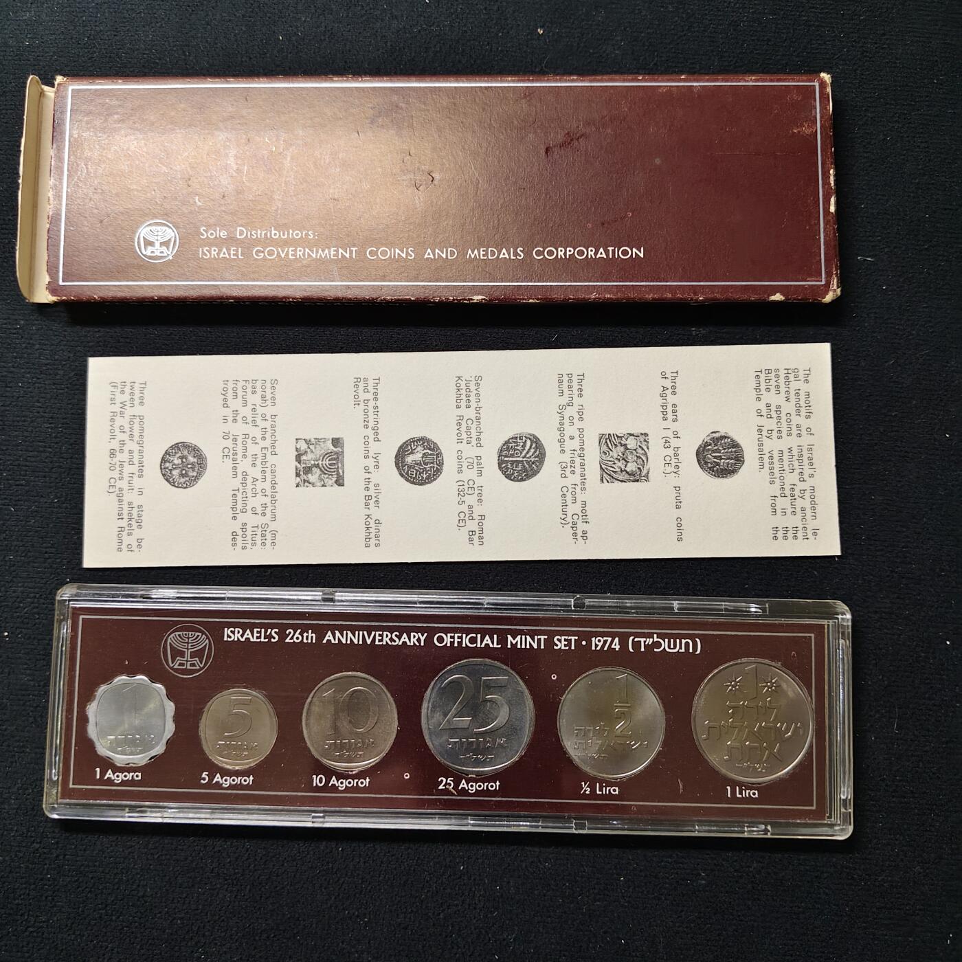 【全场包邮】纯粹捡漏拍485场（免费代拍第22场） 以色列1974年独立26周年官方长条塑盒装年度套币-盒证全