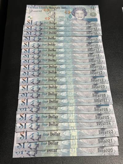 《外钞收藏家》第五百九十三期（精品场）（本平台长期征集拍品、欢迎藏友们联系合作） - 开曼群岛女王钞1元 999头两号20张一起  部分连号（292、220）