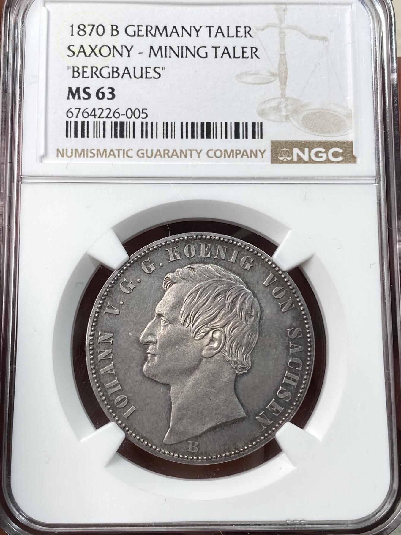 万国钱币拍卖第057期（万国冬季大拍） NGC MS63 1870年德国萨克森流通矿业泰勒银币 双矿工护盾 淡玫瑰色五彩收藏品质