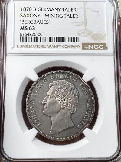 万国钱币拍卖第057期（万国冬季大拍） - NGC MS63 1870年德国萨克森流通矿业泰勒银币 双矿工护盾 淡玫瑰色五彩收藏品质