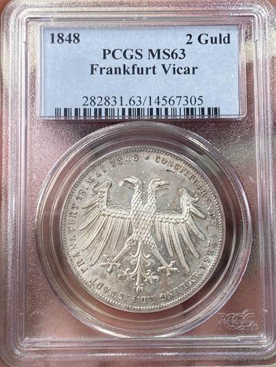 万国钱币拍卖第057期（万国冬季大拍） - PCGS MS63 1848德国法兰克福自由市宪法2古尔登银币 纪念约翰大公当选帝国摄政 原味香槟彩类镜面质感 老藏家出品收藏级品质