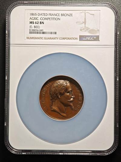 【德藏】世界币章拍卖第157期（拍品征集中~欢迎藏友联系） - 1865年 法国拿破仑三世农业竞赛奖章约50mm高浮雕纪念大铜章 NGC MS62BN 浮雕感极强 包浆温润 细节刻画极其细致