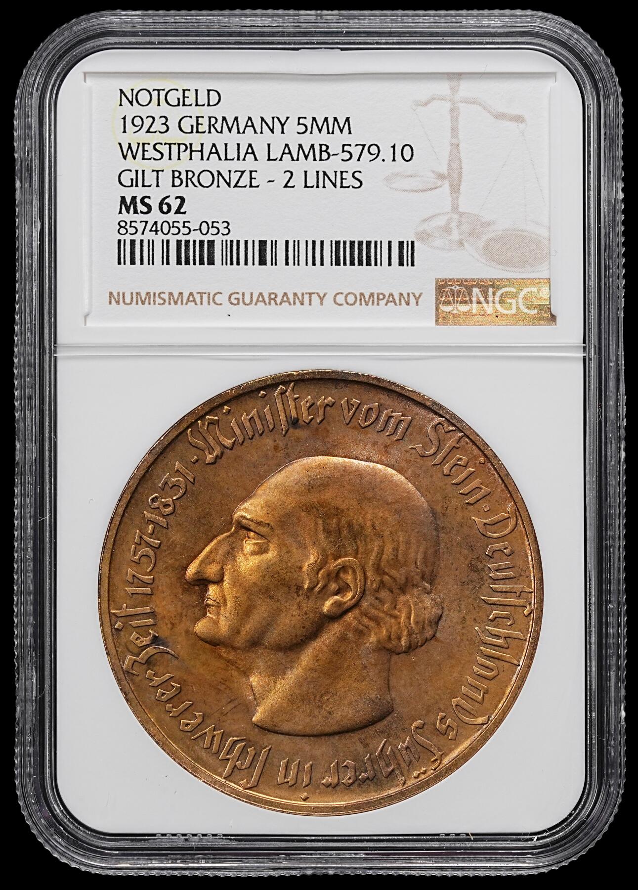 修遠堂世界钱币第九十七期 NGC MS62 1923年德国紧急时期威斯特法伦5000万马克铜鎏金马币 