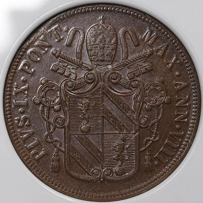 修遠堂世界钱币第九十七期 - NGC MS64BN 1854年教皇国5 BAIOCCHI大铜币 重达37g 加厚盒 冠军分