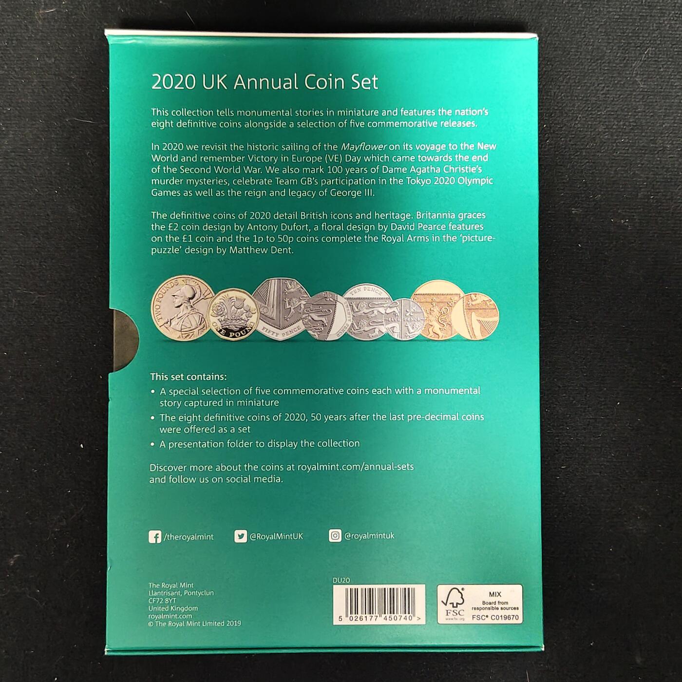 【全场包邮】纯粹捡漏拍485场（免费代拍第22场） 英国2020年官方封装套币-含盾徽版套币+5镑乔治三世逝世200周年+2镑欧洲胜利日75周年+2镑阿加莎·克里斯蒂女士第一部小说100周年+2镑五月花号400周年+50便士东京奥运会英国代表队5枚纪念币