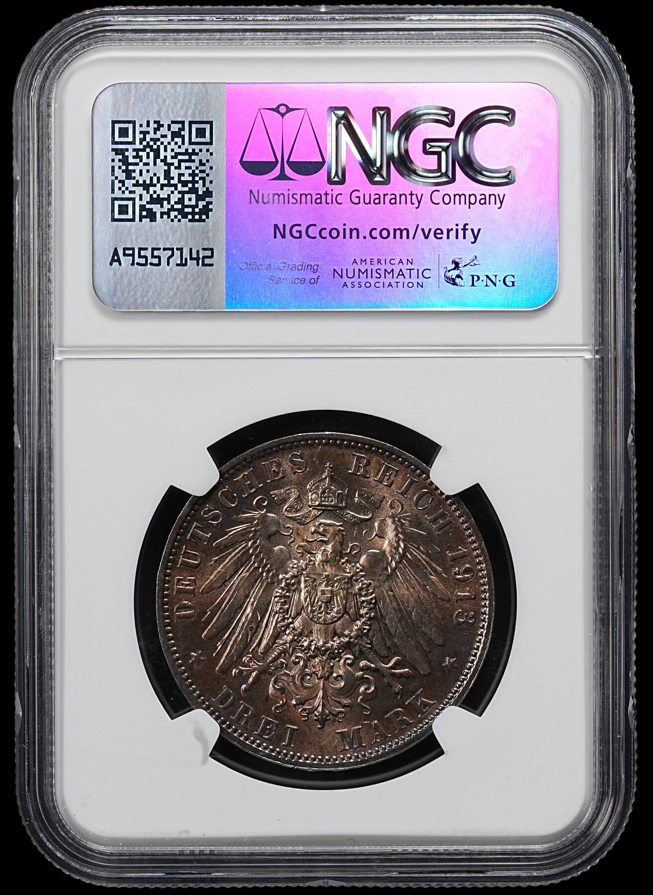 修遠堂世界钱币第九十七期 NGC MS63 1913年萨克森-莱比锡战役百年纪念3马克银币 极品幻彩