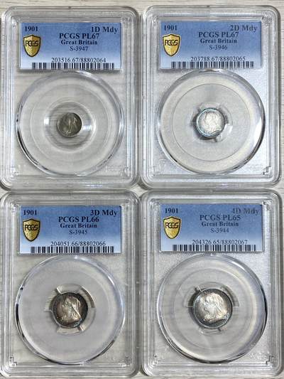 万国钱币拍卖第057期（万国冬季大拍） - PCGS PL65~67 1901年英国维多利亚女皇批纱濯足币四枚一套 极致品相天鹅绒彩顶级收藏品质