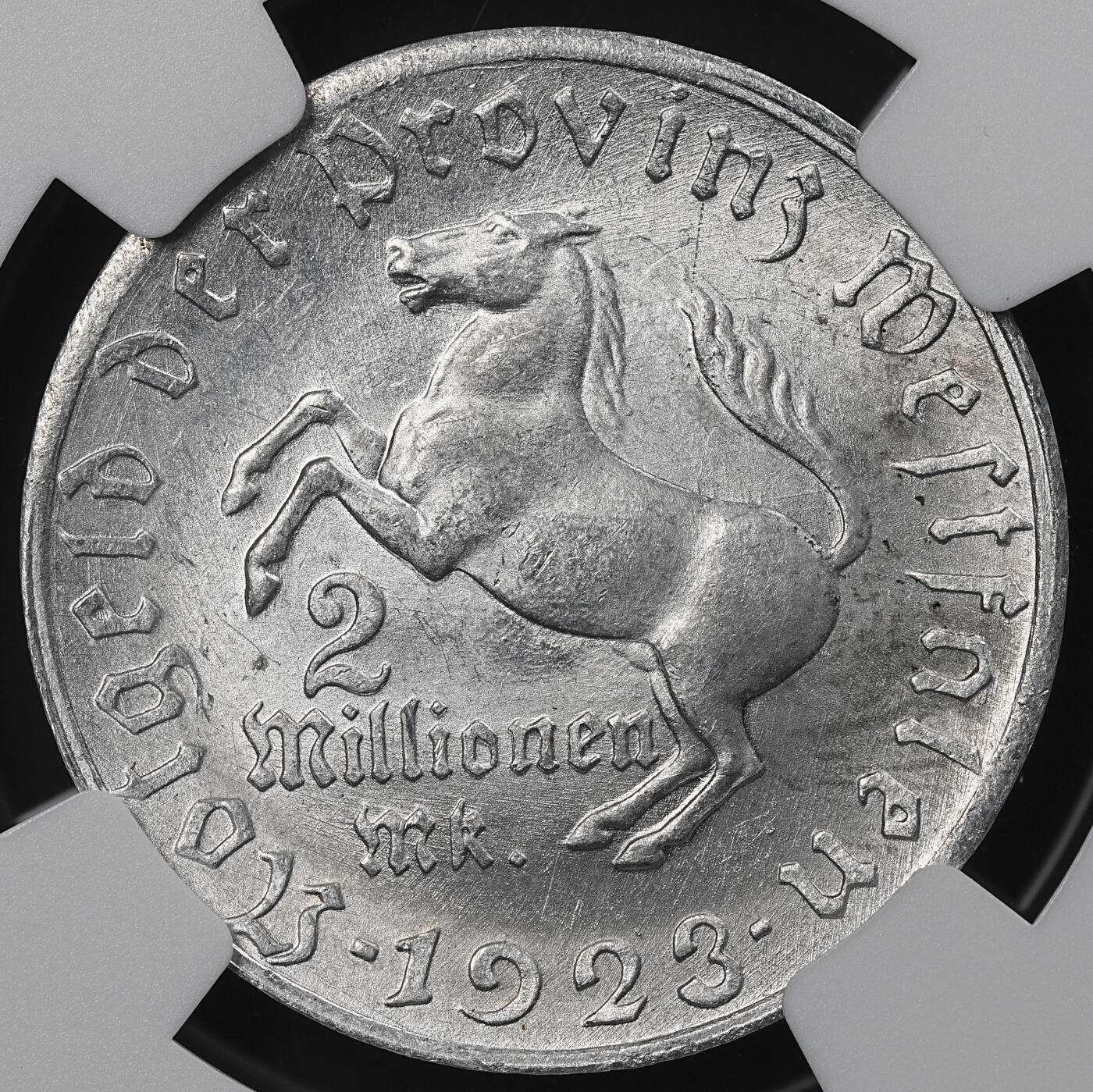 修遠堂世界钱币第九十七期 NGC MS62 1923年德国紧急时期威斯特法伦200万马克铝质马币