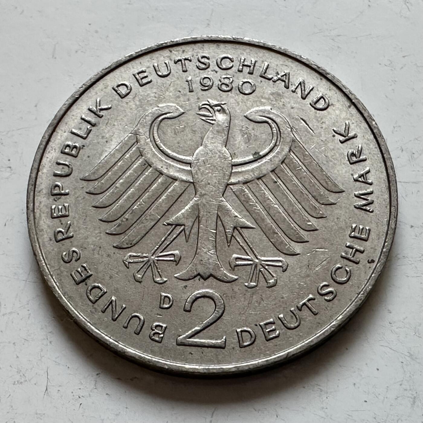 🌹外币初藏🌹🐯2025年第140场  每周二四六晚8️⃣点 接代拍 德国1980年D版 2马克 阿登纳