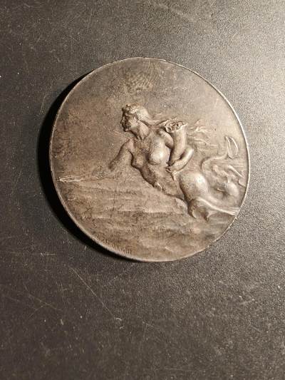 老王徽章第169期 - 法国跨大西洋总公司股东大会镀银大铜章     正面描绘了一只手持丰饶角的美人鱼在海浪中游泳，象征着公司的繁荣      直径41mm.    重量27.4g