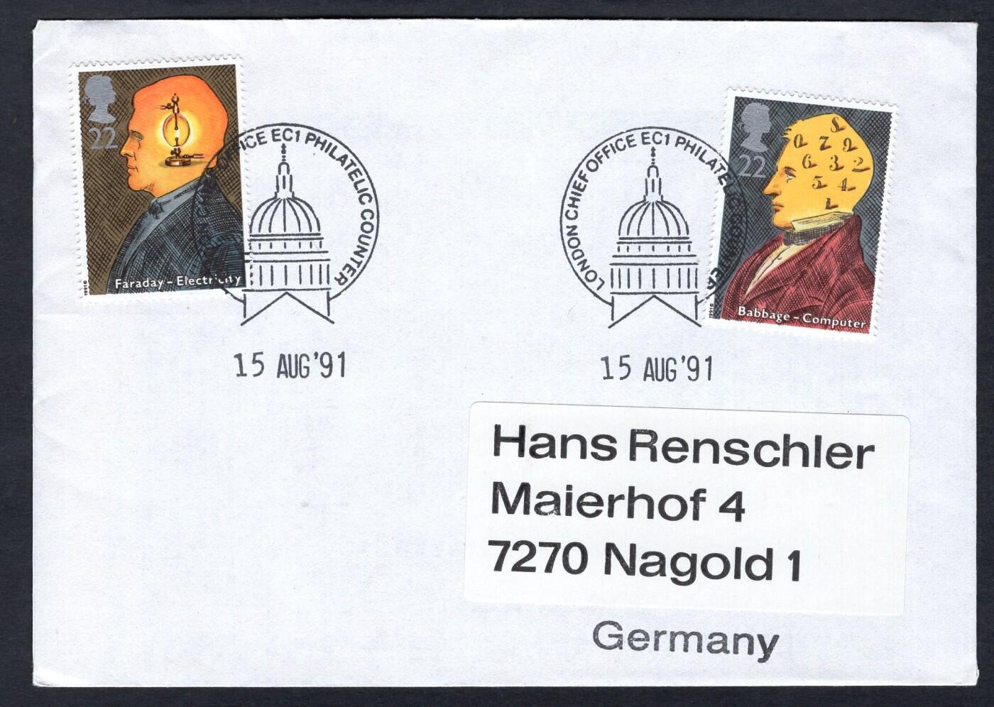 洪涛臻品批发群 精选邮票限时拍卖第1198期  英国1991年寄德国实寄封 科学家及技术 带原始内件