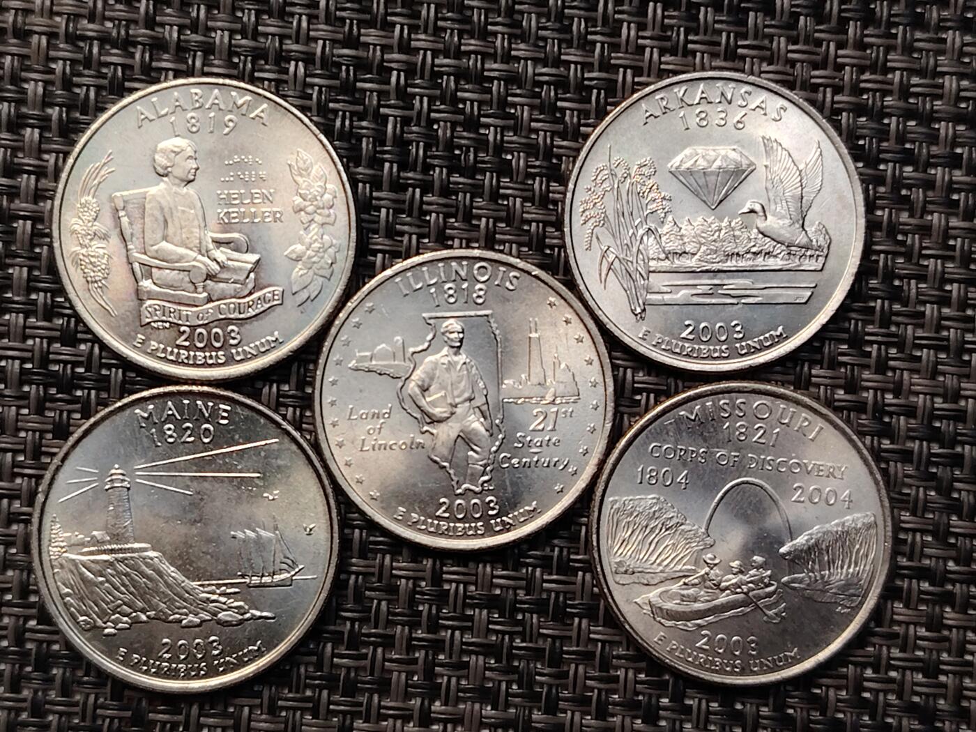 布加迪🐬～世界钱币(上海)🌾第 264 期 /  各国套币和散币 美国🇺🇸洲币 2003年 25分 5枚 原卷拆出未流通品相