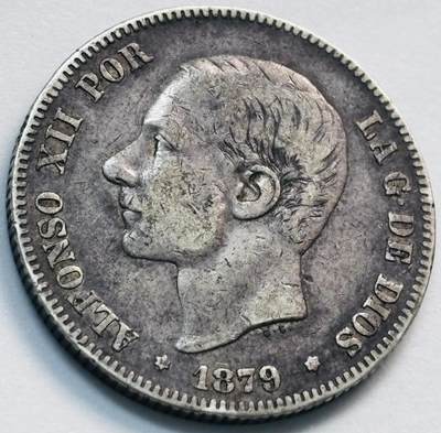 文馨钱币收藏第 285 场，【 长期接收代拍品】银币，评级币，散币场 - 少见首发  1879 年西班牙阿方索十二世 2 比塞塔银币 835 高银