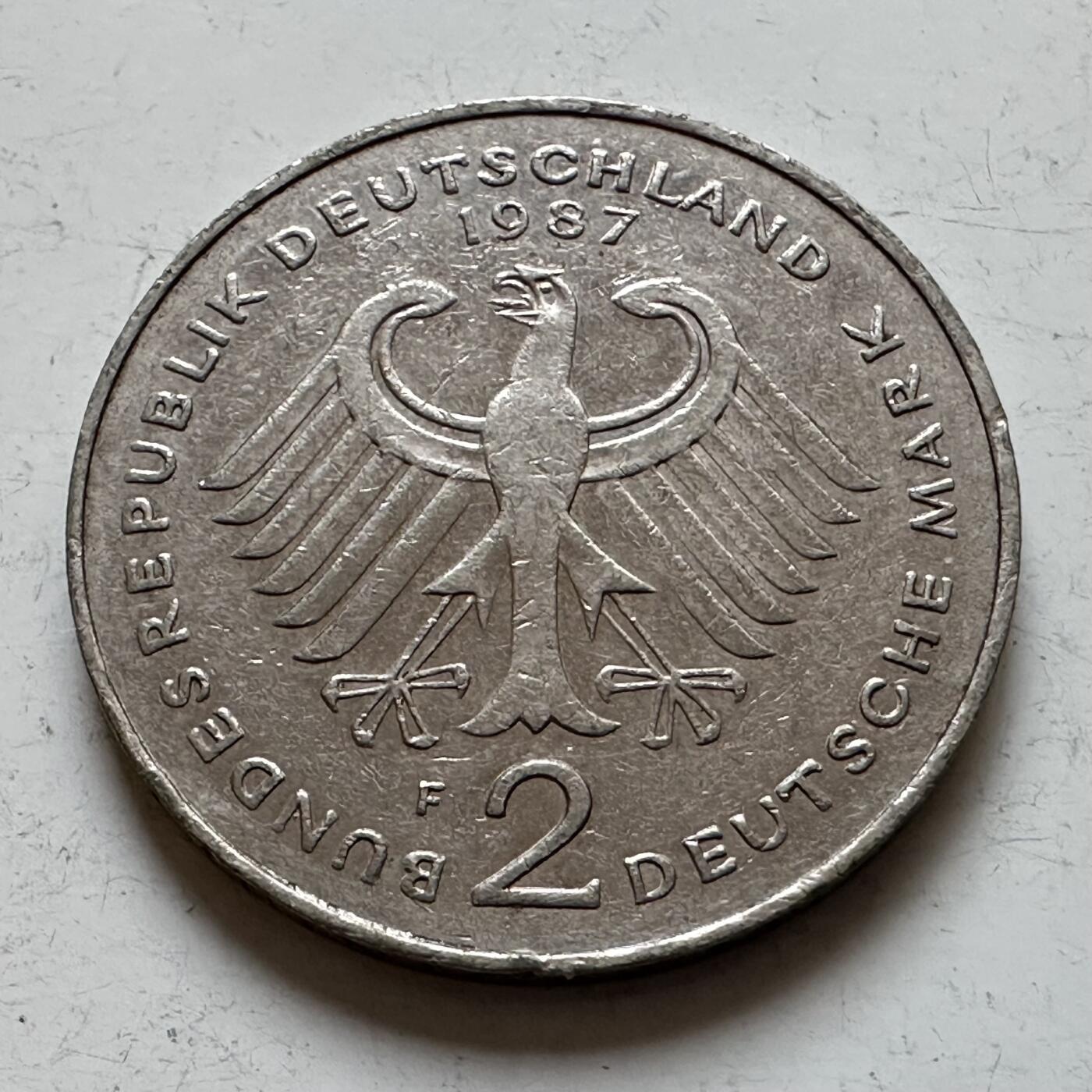 🌹外币初藏🌹🐯2025年第140场  每周二四六晚8️⃣点 接代拍 德国1987年F版 2马克 阿登纳