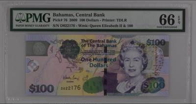 【礼羽收藏】🌏世界钱币拍卖第116期 - 【无4最高值】巴哈马2009年100巴哈马元 PMG66epq 英属国家和地区英女王的经典大面值纸钞