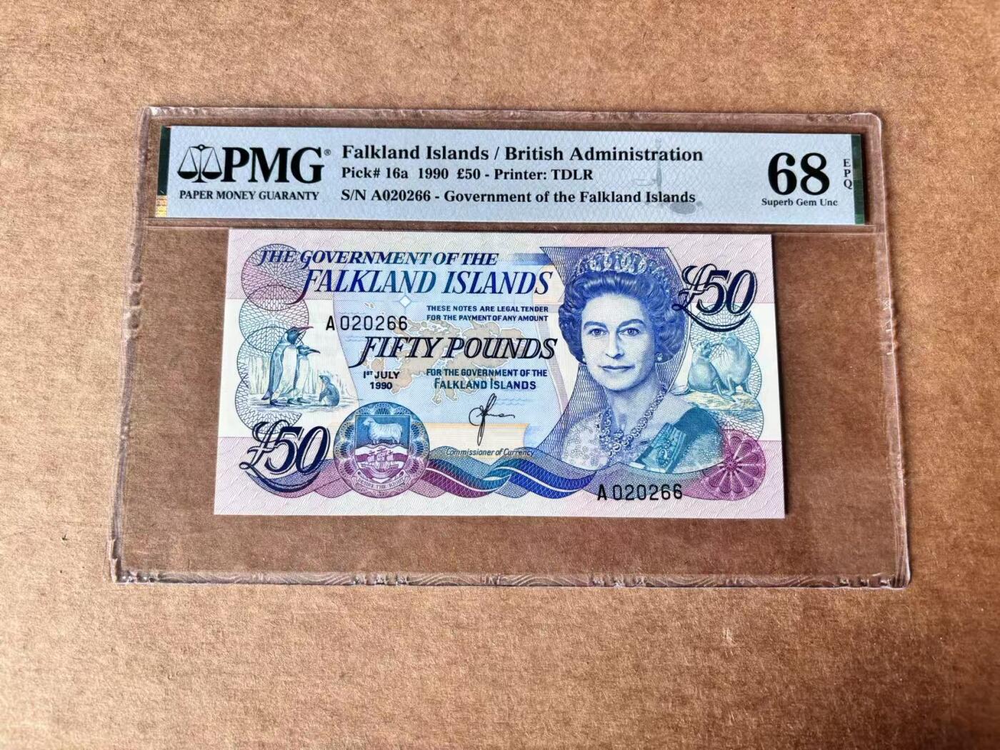 【Blue Auction】世界纸币精拍第761期——18级TOP拍卖/信誉/品质/专业/高效💫 【A冠无47】福克兰群岛 1990年50镑 PMG68EPQ 高分