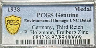 【德藏】世界币章拍卖第157期（拍品征集中~欢迎藏友联系） - 1938年 德国民族社会主义工人党劳动者荣誉纪念锌章 PCGS UNC 品相极好（原图请查询PCGS评级官网）