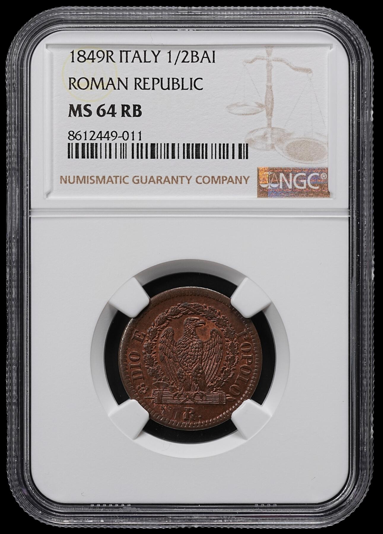 修遠堂世界钱币第九十七期 NGC MS64RB 1849年罗马共和国1/2 BAIOCCHI铜币 稀少品种 亚军分