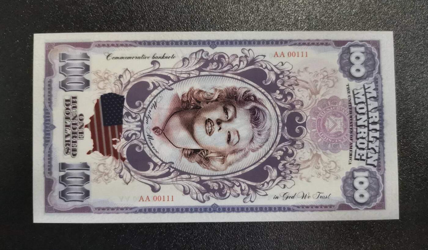 《艾美收藏》第224期-12.14周日外币超白金场 美国2021年AA冠100元UNC超靓00111号 有一角塑料膜翘起 不知是否是可撕的保护膜 纪念玛丽莲梦露 塑料商业钞