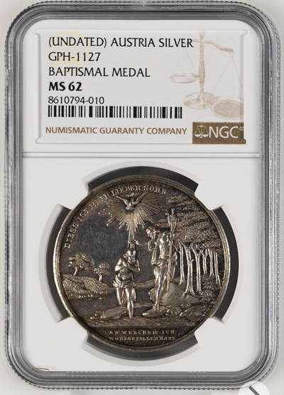 【德藏】世界币章拍卖第157期（拍品征集中~欢迎藏友联系） - 19世纪 奥地利宗教洗礼纪念银章 NGC MS62 原味包浆 设计层次感极强