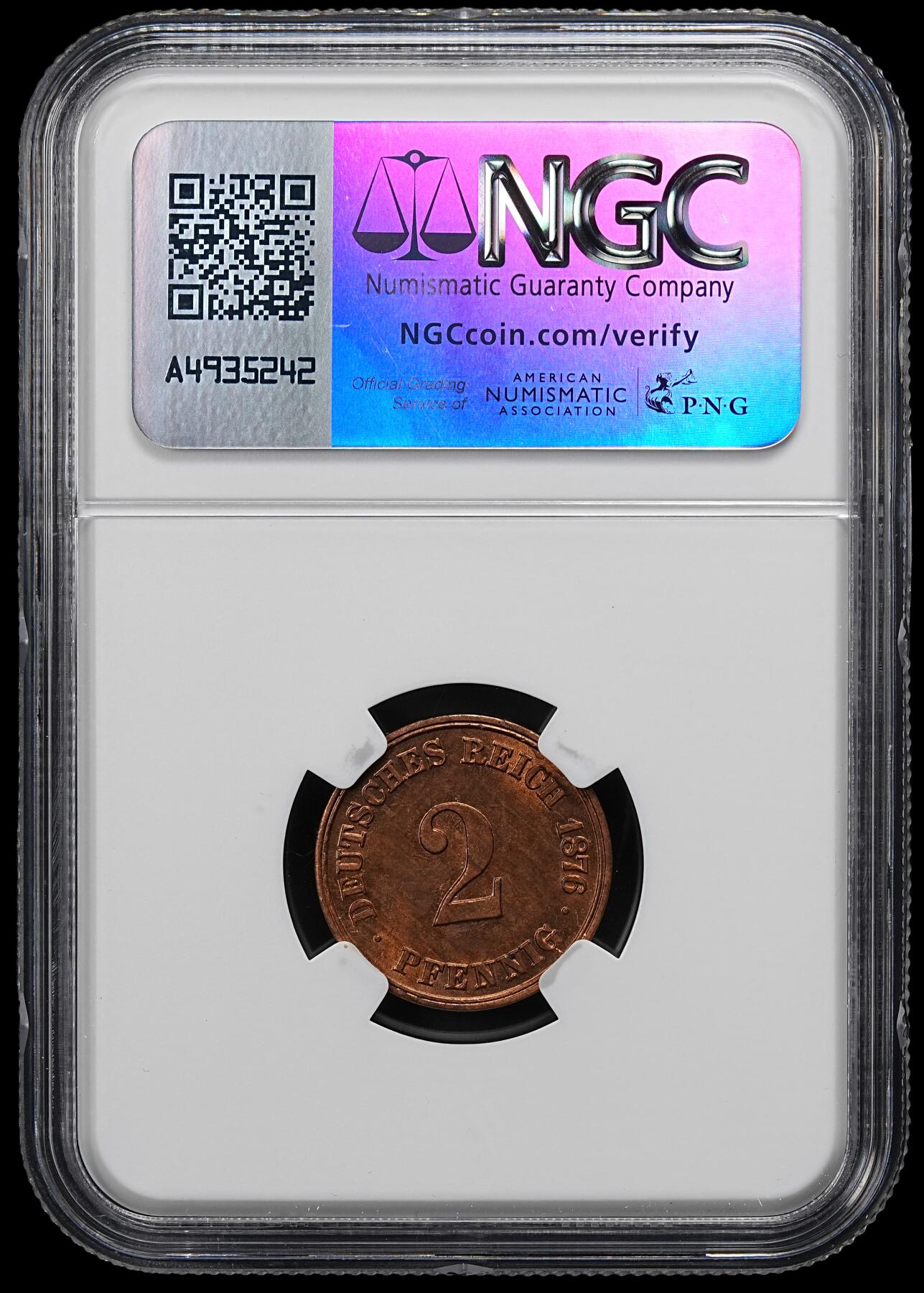 修遠堂世界钱币第九十七期 NGC MS64RB 1876年德国2芬尼铜币 A厂铭