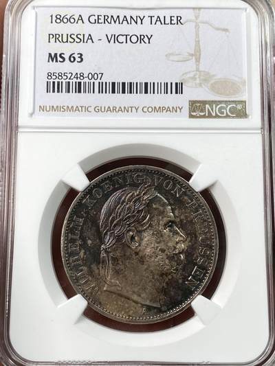 万国钱币拍卖第057期（万国冬季大拍） - NGC MS63 1866年德国普鲁士普奥战争胜利泰勒 双面醇厚深五彩 原味入藏品质