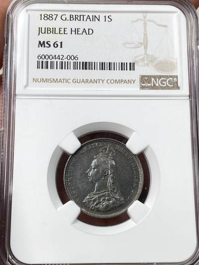 万国钱币拍卖第057期（万国冬季大拍） - NGC MS61 1887英国维多利亚女王高冠1先令 原味孔雀蓝五彩