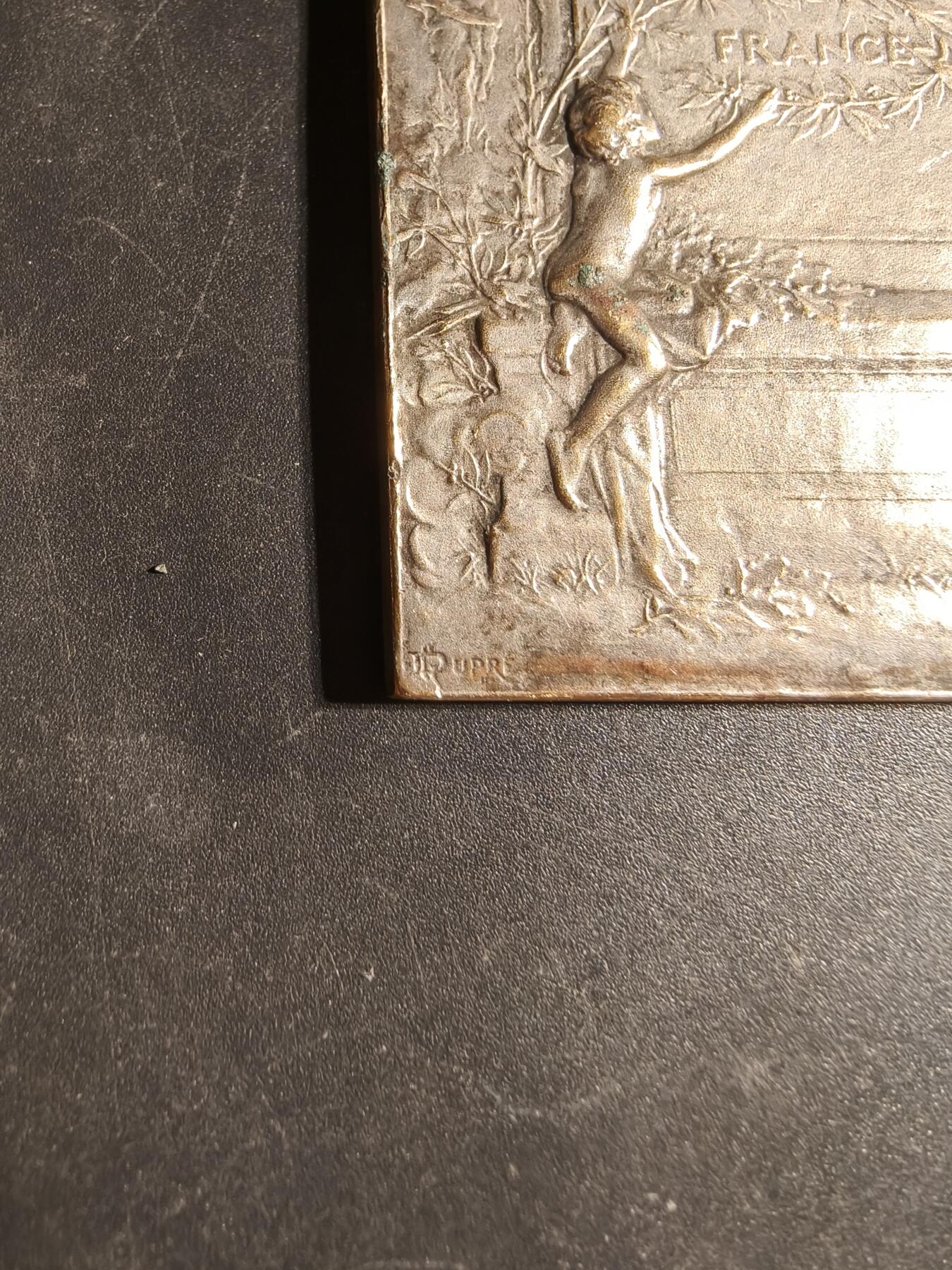 老王徽章第169期 法国射击联盟方形镀银大铜章    尺寸38×50mm.    重量48.1g.     大师Dupres作品