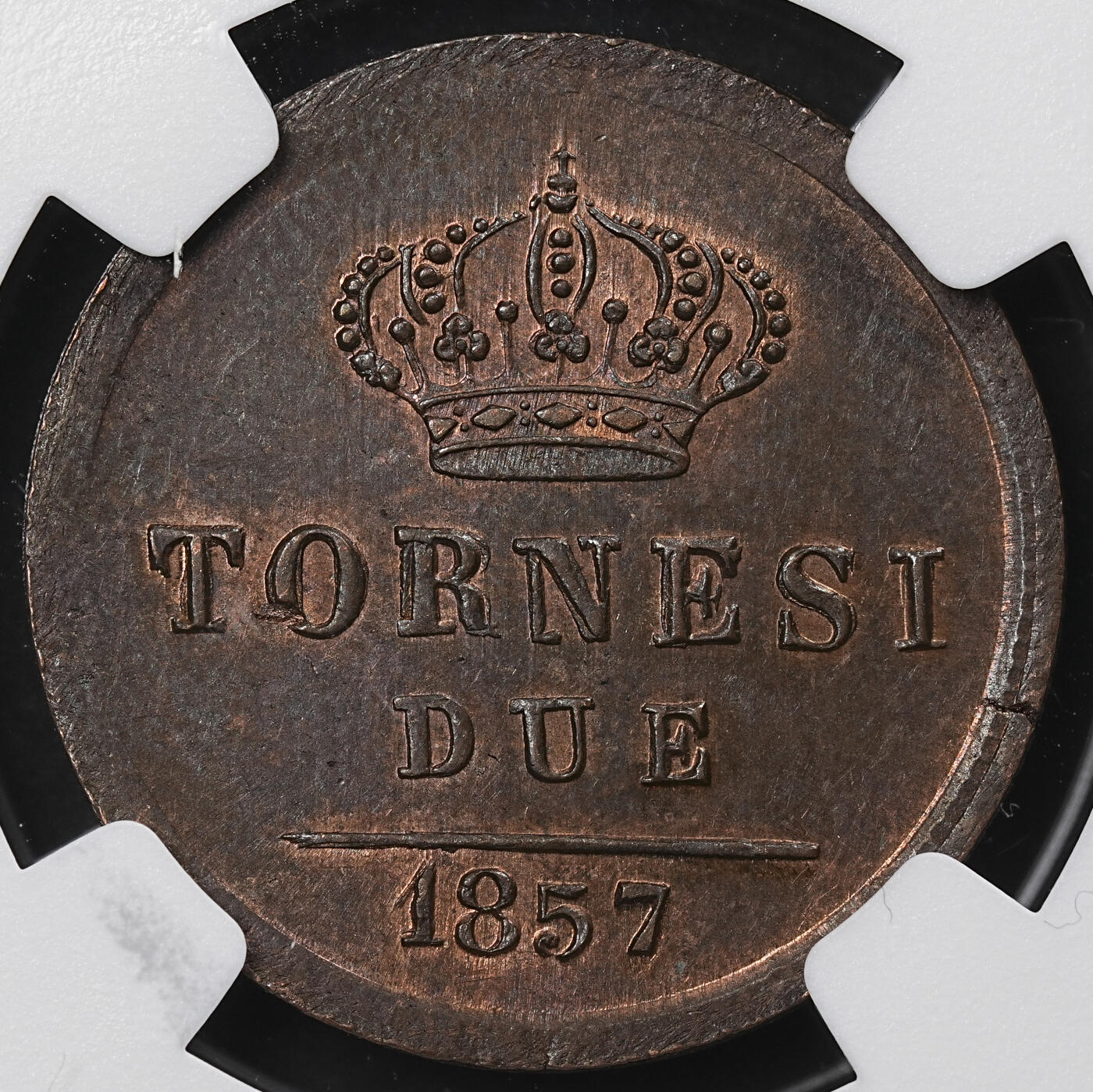 修遠堂世界钱币第九十七期 NGC MS62BN 1857年那不勒斯和西西里王国2 TORNESI铜币