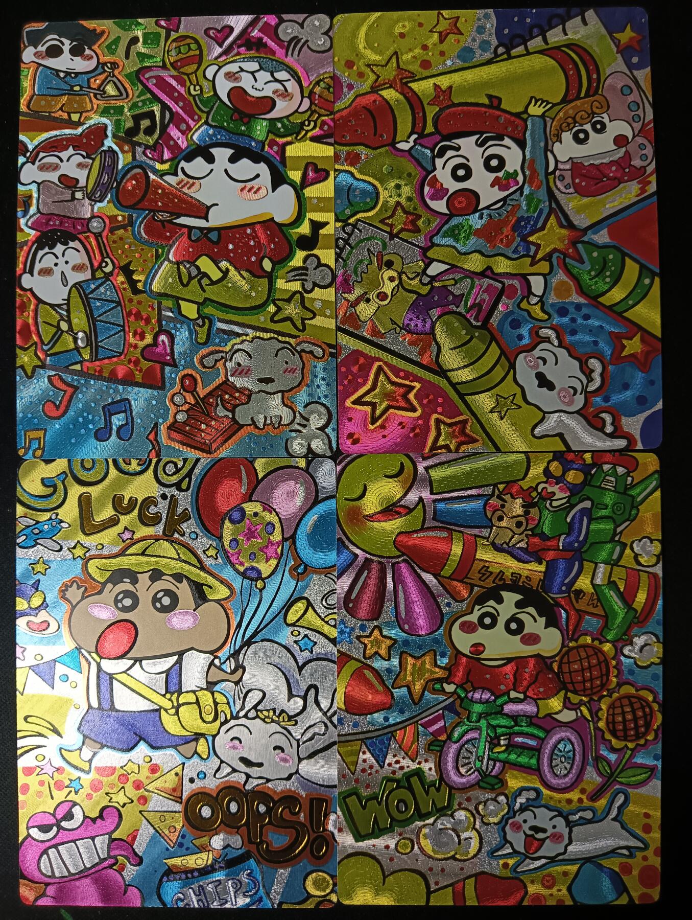 花开卡拍第53期（12月28号周日截拍，品控勿拍!!!拍品不寄存，运费5元，自制卡难免瑕疵，可能存在轻微撞角爆边等出厂瑕疵，品控介意勿拍！） 奇点卡牌 蜡笔小新小套四张 粗闪