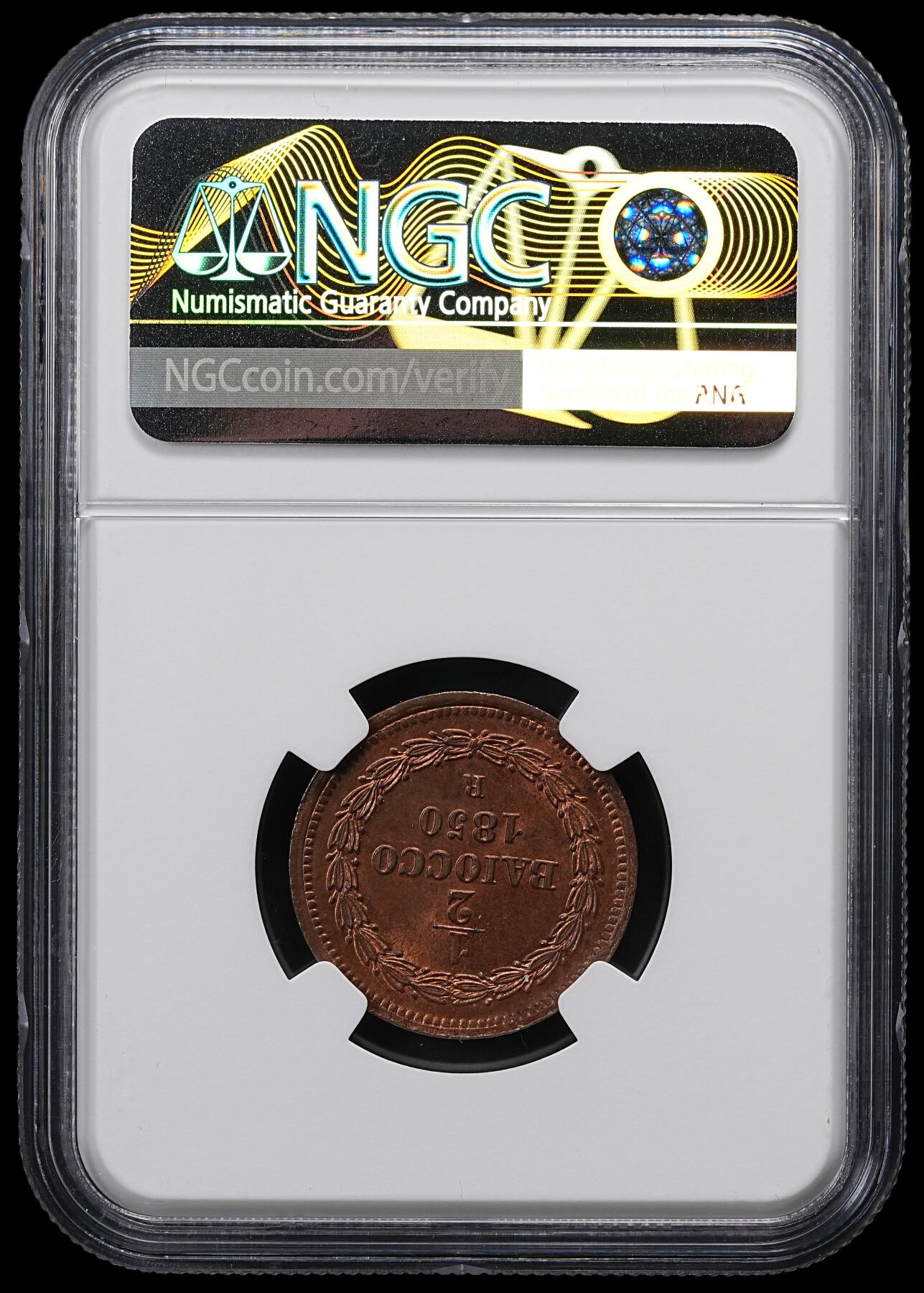 修遠堂世界钱币第九十七期 NGC MS65RB 1850年教皇国 1/2 BAIOCCO铜币 冠军分