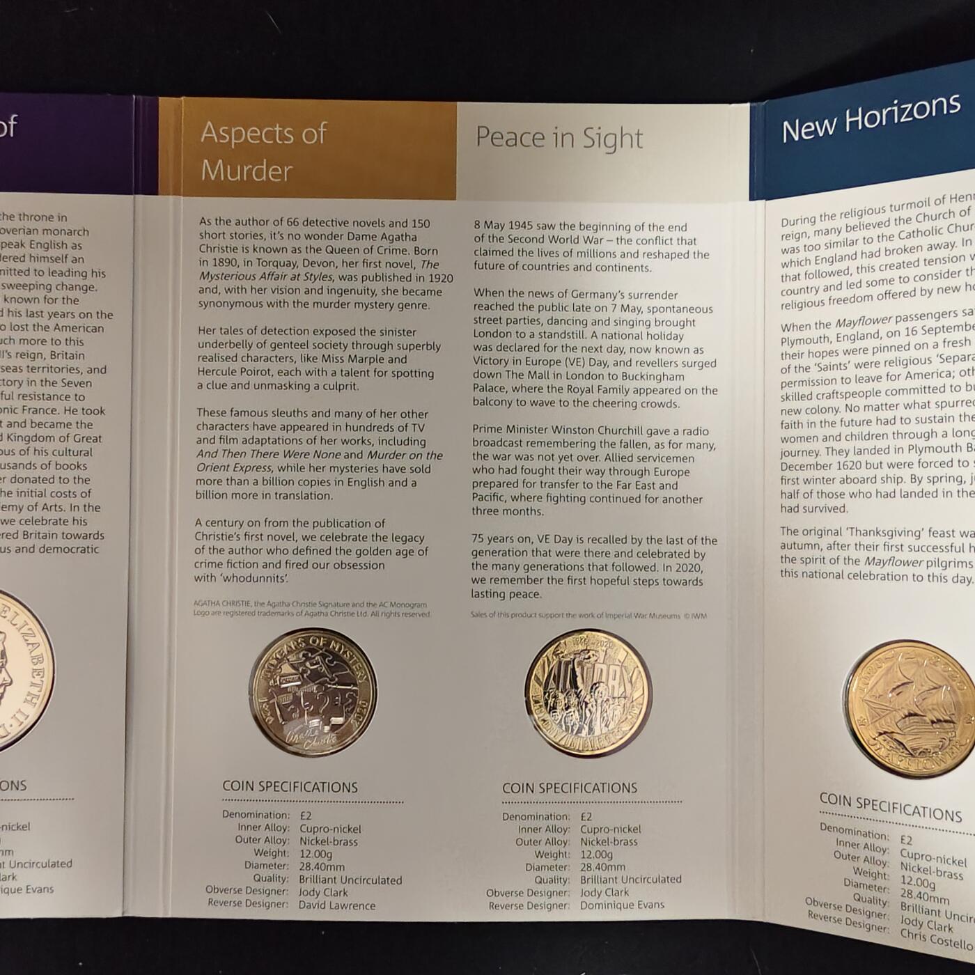 【全场包邮】纯粹捡漏拍485场（免费代拍第22场） 英国2020年官方封装套币-含盾徽版套币+5镑乔治三世逝世200周年+2镑欧洲胜利日75周年+2镑阿加莎·克里斯蒂女士第一部小说100周年+2镑五月花号400周年+50便士东京奥运会英国代表队5枚纪念币
