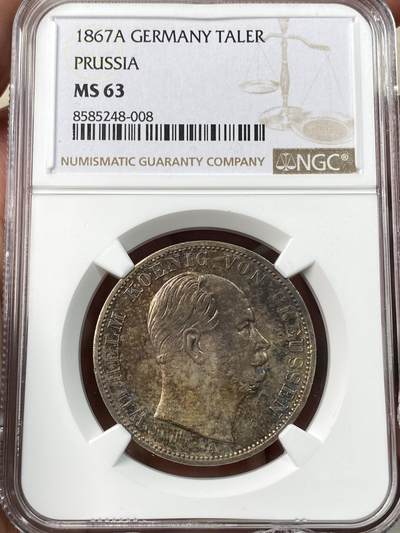 万国钱币拍卖第057期（万国冬季大拍） - NGC MS63 1867年德国普鲁士威廉国王帝国鹰流通1泰勒 经典德国老藏式包浆 与上一枚普奥胜利泰勒出自同一藏家 打制犀利