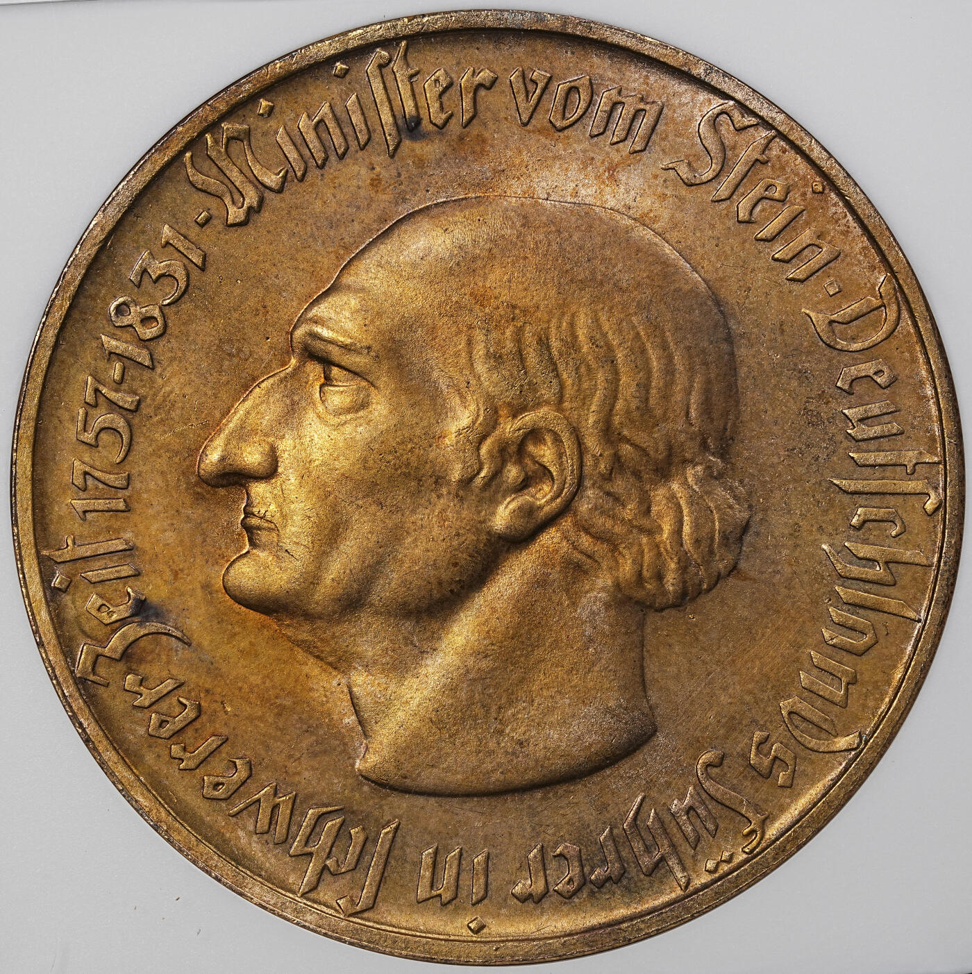 修遠堂世界钱币第九十七期 NGC MS62 1923年德国紧急时期威斯特法伦5000万马克铜鎏金马币 