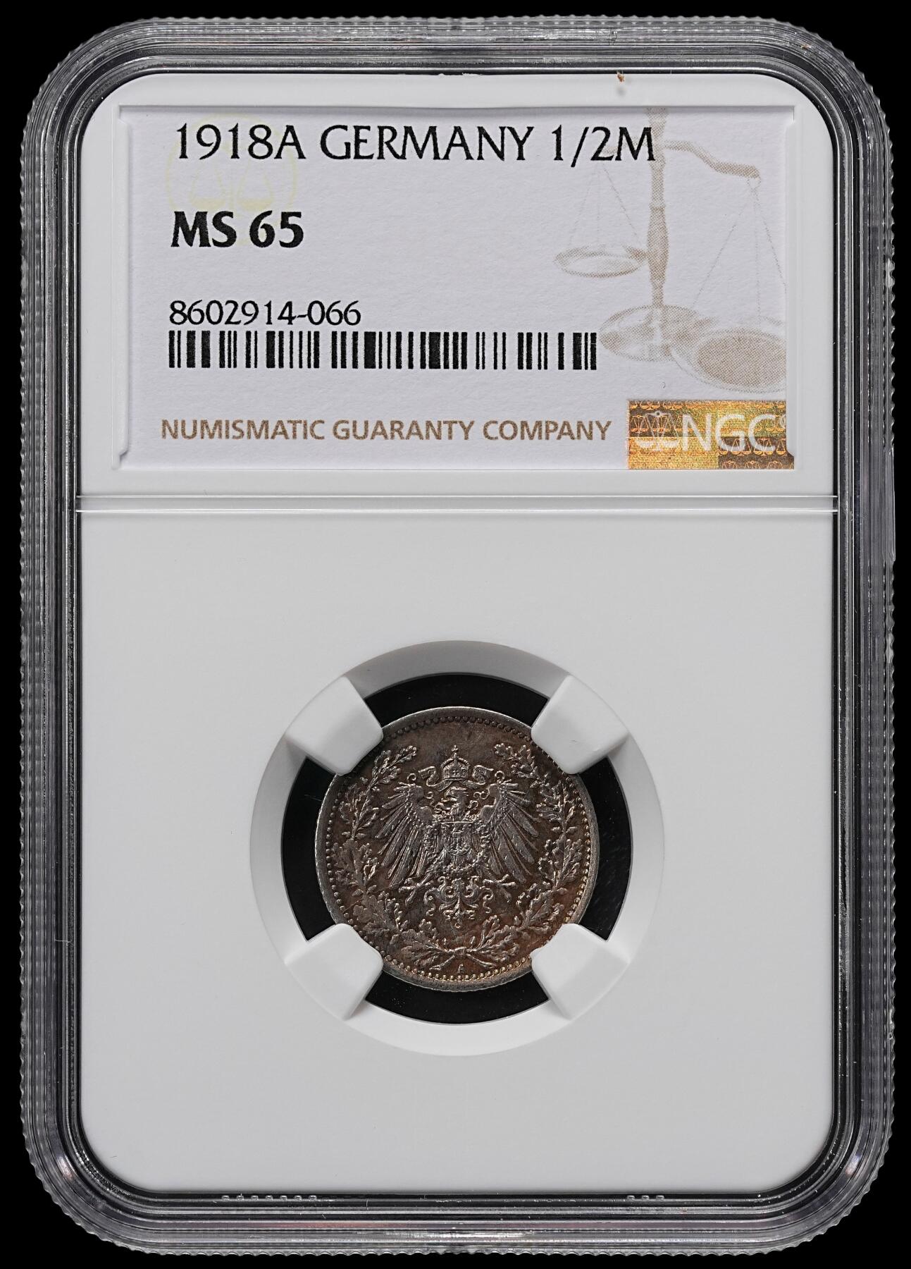 修遠堂世界钱币第九十七期 NGC MS65 1918年德国1/2马克银币 A厂铭 黑彩